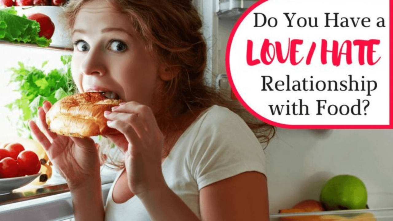 Woman eating emotionally in front of a fridge, representing why we eat what we eat—pleasure vs. happiness.